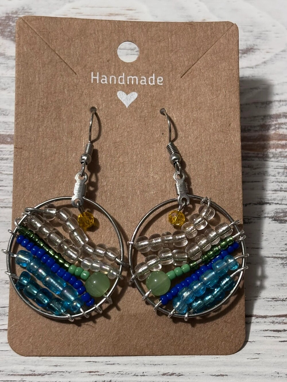 Handmade Boho Woven Seed Bead Hoop Dangle Earrings Coastal Blue Landscape